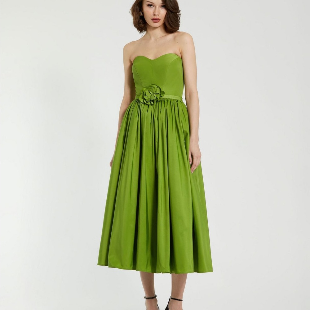 Mac Duggal Faille Strapless A line Green Midi Dress